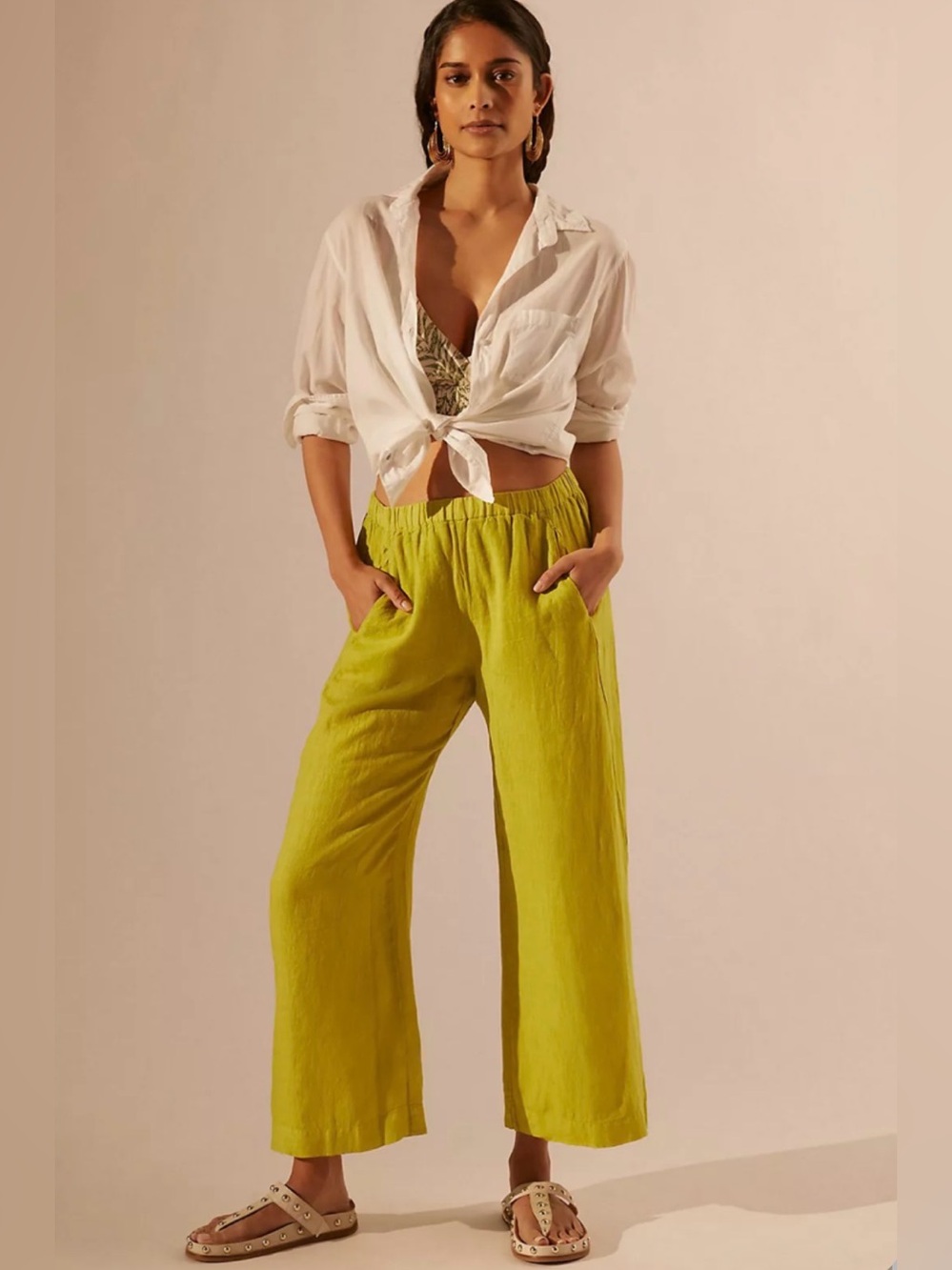 Linen Chartreuse Wide Leg Pants